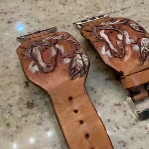 Handpainted Leather Apple Watch Band with Horse Motif - Tan Brown